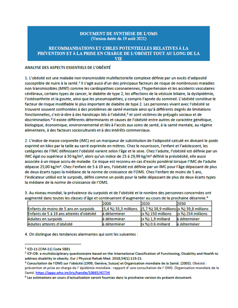 Document de synthése de l'OMS: Recommandations et cibles potentielles relatives à la prévention et à la prise en charge de l'obésite tout au long de la vie