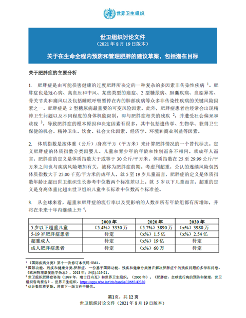 世卫组织讨论文件: 关于在生命全程内预防和管理肥胖的建议草案，包括潜在目标
