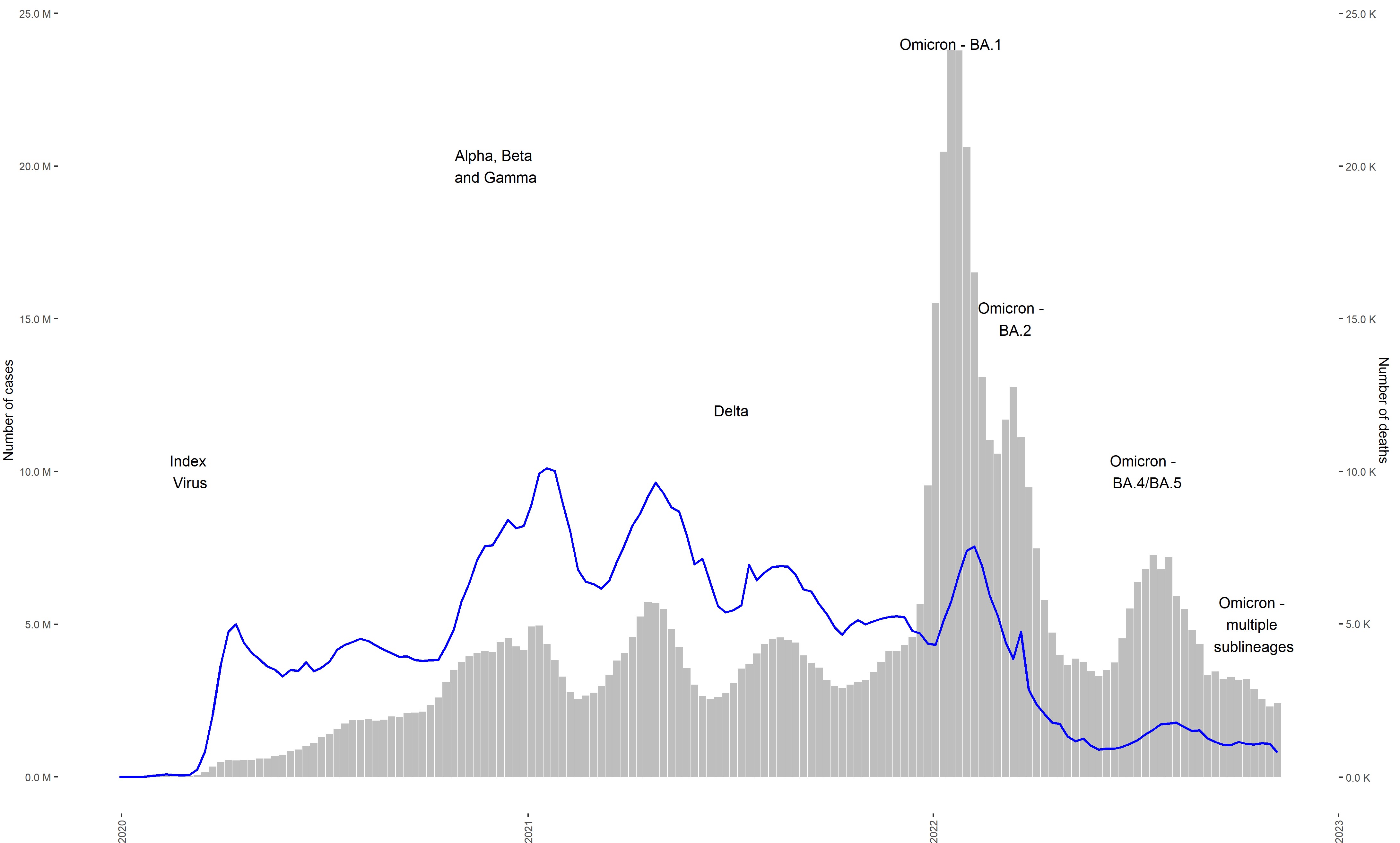 A graph comparing COVID-19 cases and deaths